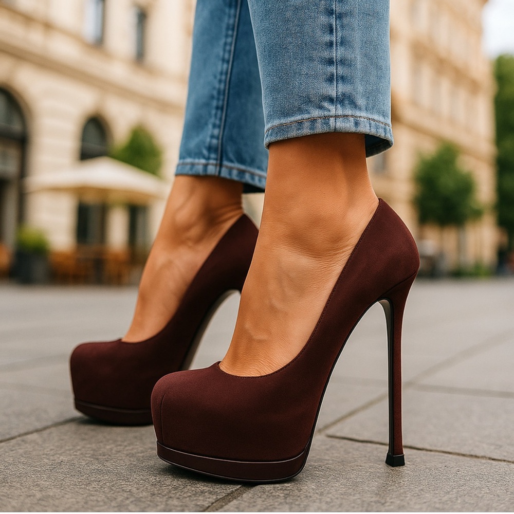 YSL Burgundy Pebbled Leather Platform Heels Size EU 37 - Picture 14 of 14